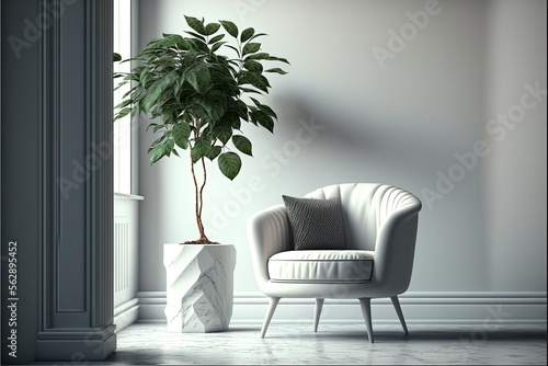 Minimalist living room with gray wall, gray armchair and potted plant. Generative AI