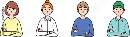 腕を組んで怒りを表す男女（Men and women expressing anger by crossing their arms）