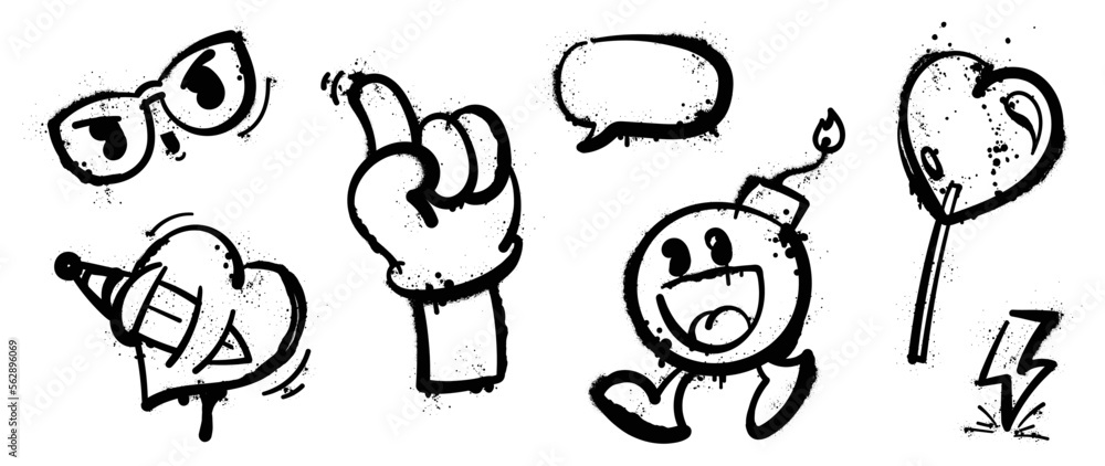 Set of graffiti spray paint vector. Collection black spray texture of eyeglasses hand sign speech bubble comic bomb heart. Design illustration for decoration card sticker. banner street art. Stock