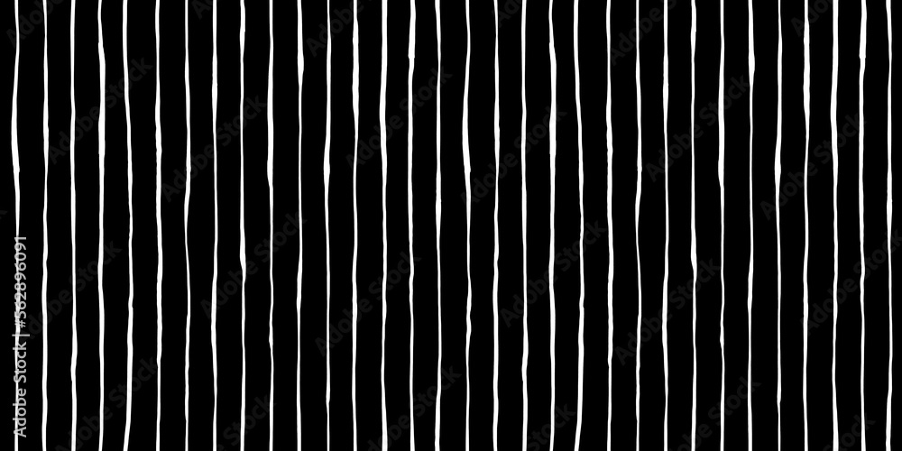 Seamless hand drawn vertical pinstripe pattern made of fine wonky white stripes on black background. Abstract simple classic blender motif with linocut print texture in a trendy doodle line art style. - obrazy, fototapety, plakaty 