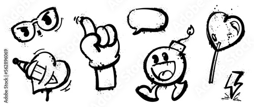 Set of graffiti spray paint vector. Collection black spray texture of eyeglasses, hand sign, speech bubble, comic bomb, heart. Design illustration for decoration, card, sticker. banner, street art.