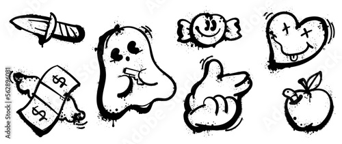 Set of graffiti spray paint vector. Collection black spray texture of ghost, knife, banknote, candy, heart, hand sign, apple. Design illustration for decoration, card, sticker. banner, street art.