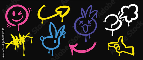 Set of graffiti spray paint vector. Collection pink spray texture of comic face, arrow, rabbit, hand sign, thorn weapon, fart. Design illustration for decoration, card, sticker. banner, street art.