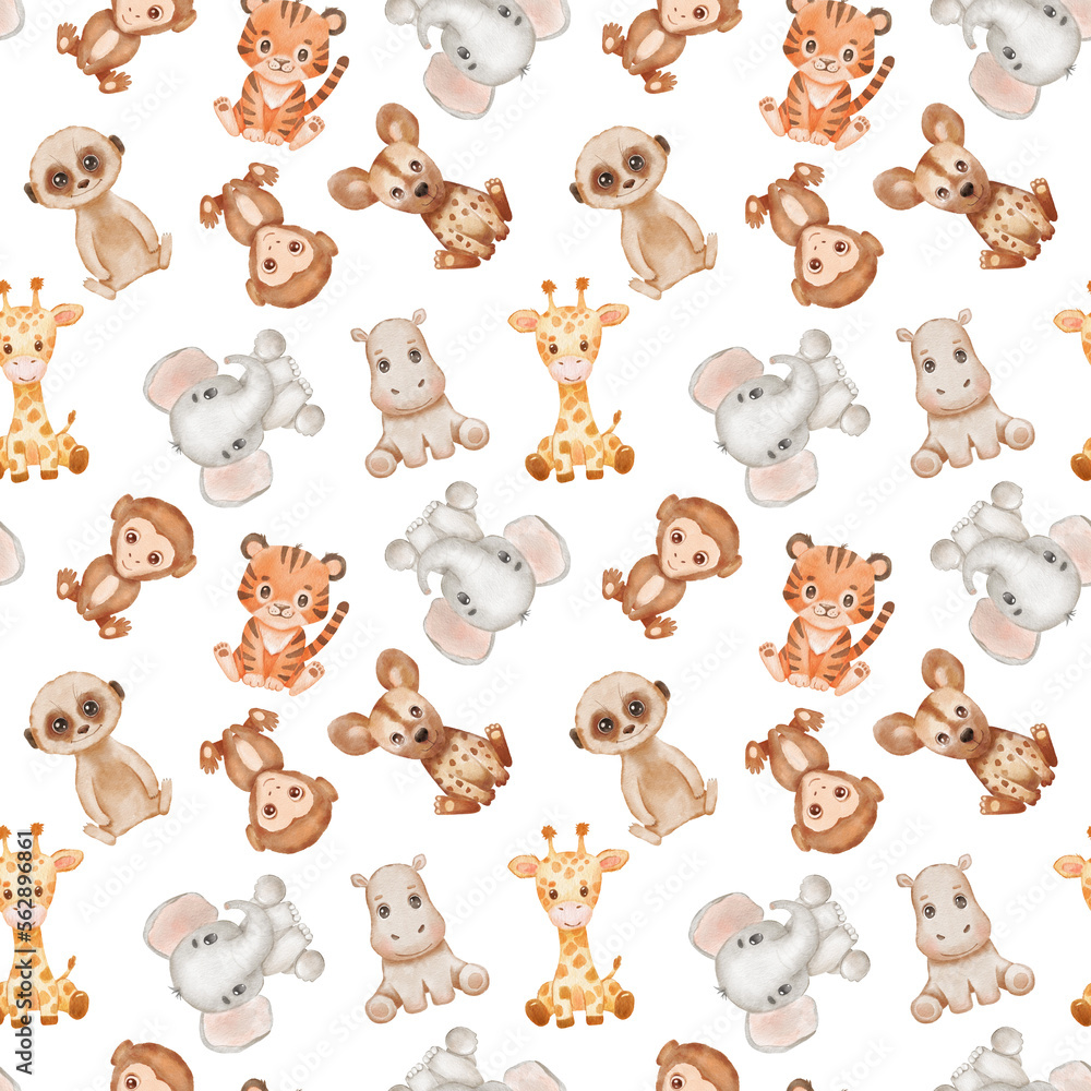 Obraz premium Safari animals seamless pattern. Cute baby watercolor hippo, elephant and tiger on white background.