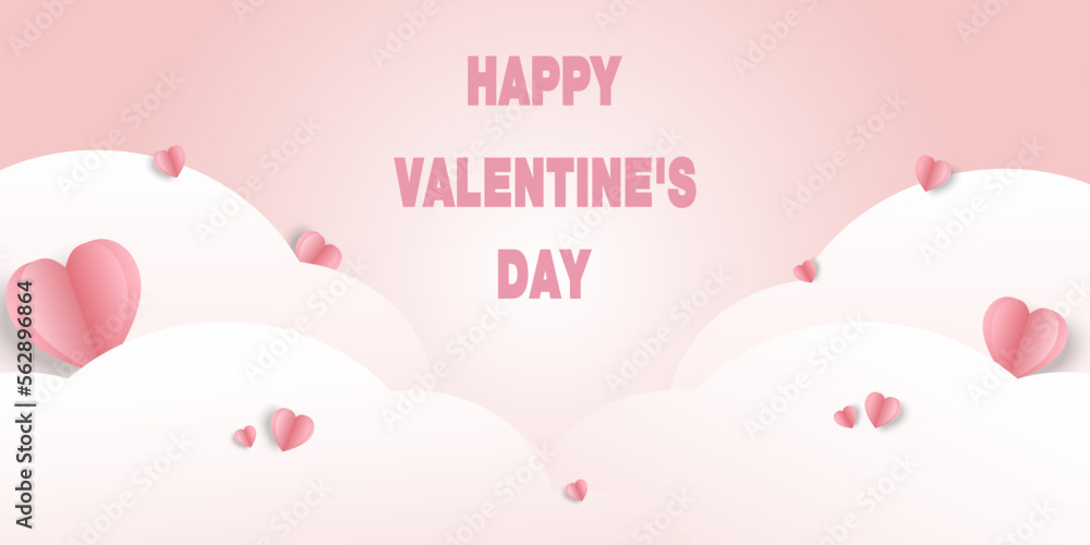 Banner with pink sky and paper cut clouds. Place for text. Happy Valentine's day sale header or voucher template with hearts paper. 