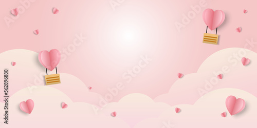 Horizontal banner with pink sky and paper cut clouds. Place for text. Happy Valentine's day sale header or voucher template with hearts paper. 