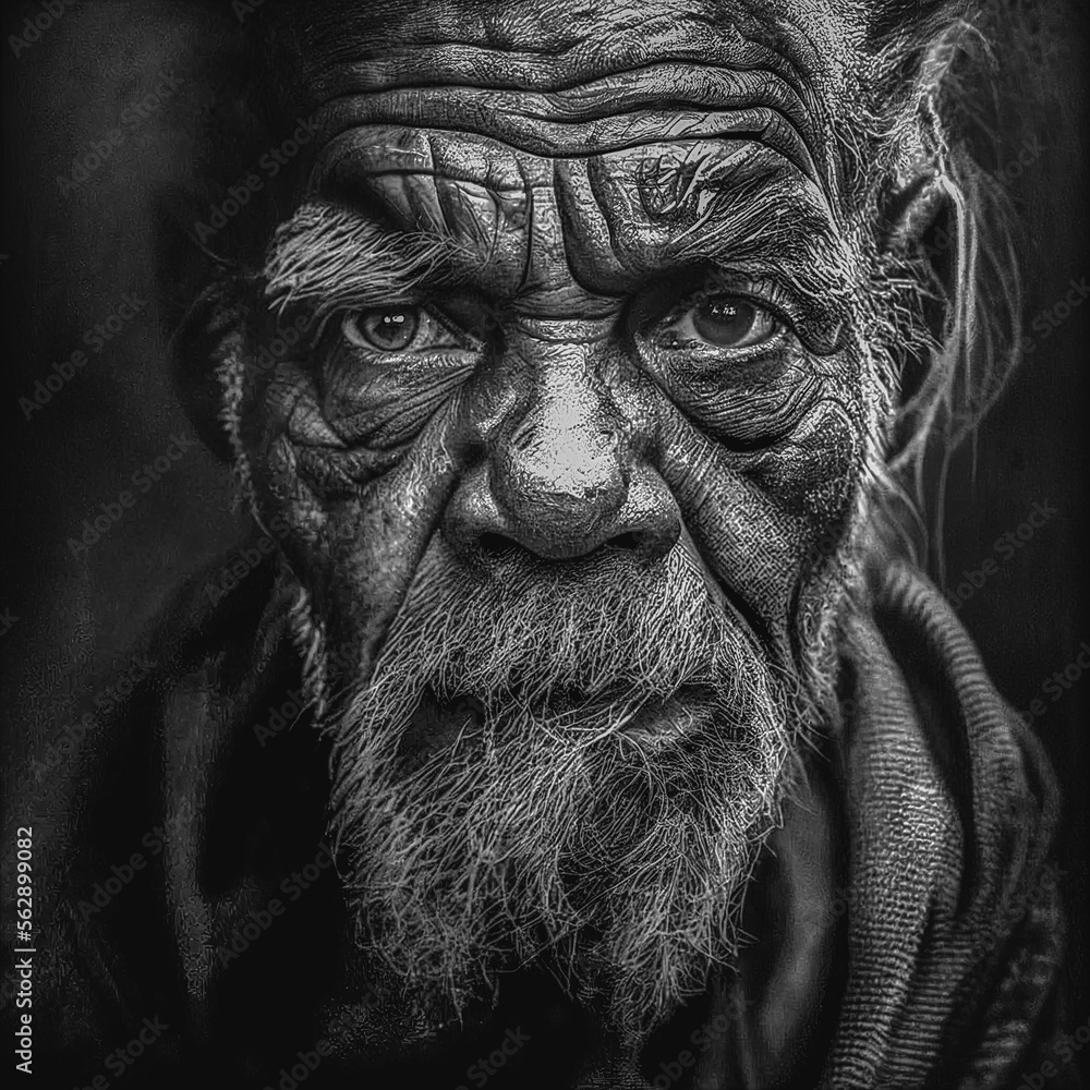 Black and White close up Portrait of a homeless man with stoic and face made with Generative AI 