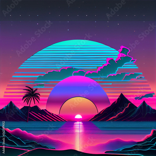 vaporwave landscape with mountainsm created with AI technology