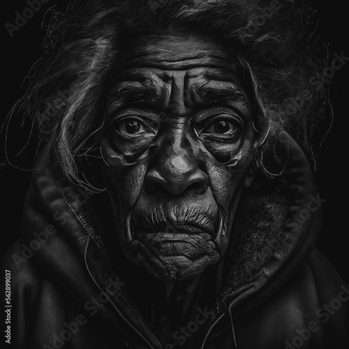 Black and White Portrait of a old homeless lady sad and helpless made with Generative AI  © Skadoo
