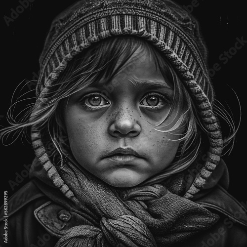 Black and White Portrait of a cute homeless girl frowning made with Generative AI 