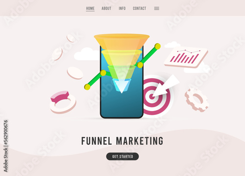 Funnel Marketing - consumer-focused digital marketing concept illustration with sales funnel. Generating new leads, increase monetization strategy flat design e-commerce landing page template