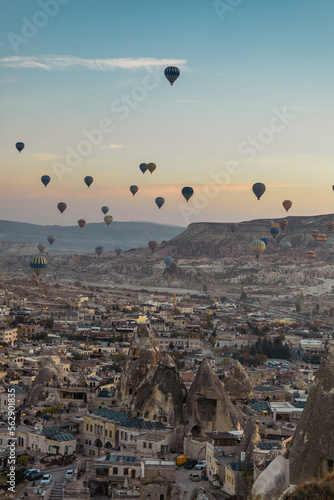 Hot air balloons at sunrise in Goreme city, Cappadocia, Turkey