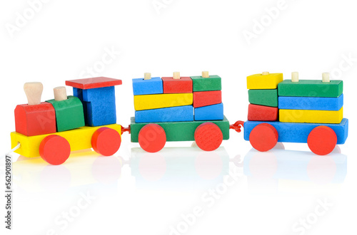 Wooden children's constructor-a steam train, isolated on a white background. Colorful toy train. Educational games for children. Design and modeling