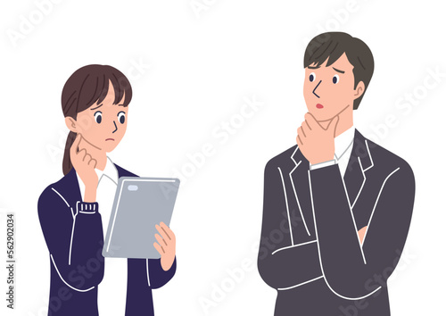 タブレットを持つ女性とスーツの男性とイラスト　学校の先生　ICT教育
