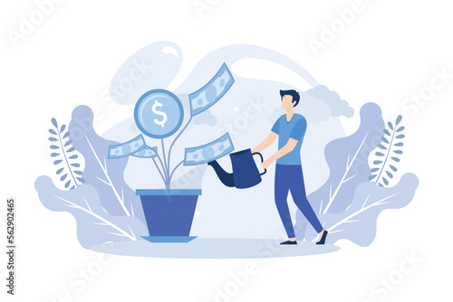 Investment illustration. People characters investing money in self development, knowledge and education. Personal finance management and financial literacy concept.  flat vector modern illustration 