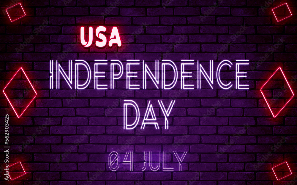 Happy Independence Day of USA, 04 July. World National Days Neon Text Effect on bricks background