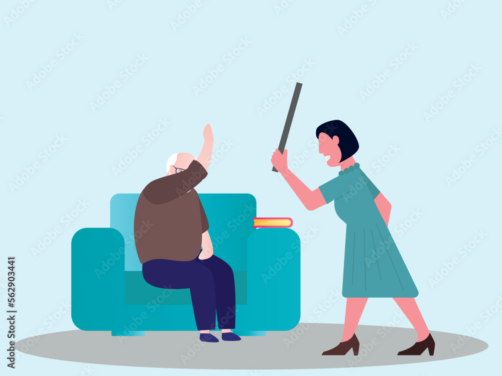 Concept of family violence and bad relations between relatives. Adult daughter yells at elderly father. Female character torture grandfather. Adult care and vulnerable adult abuse safeguard Concept of family violence and bad relations between relatives. Adult daughter yells at elderly father. Female character torture grandfather. Adult care and vulnerable adult abuse safeguard