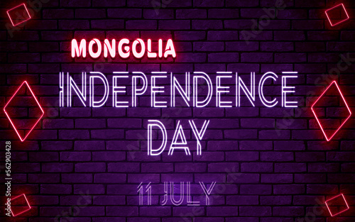 Happy Independence Day of Mongolia  11 July. World National Days Neon Text Effect on bricks background