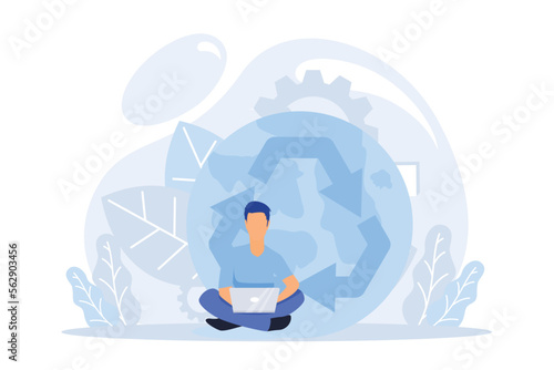 Circular economy illustration. Sustainable economic growth with renewable energy and natural resources. Green energy, sustainable industry and manufacturing concept. Flat vector modern illustration. 