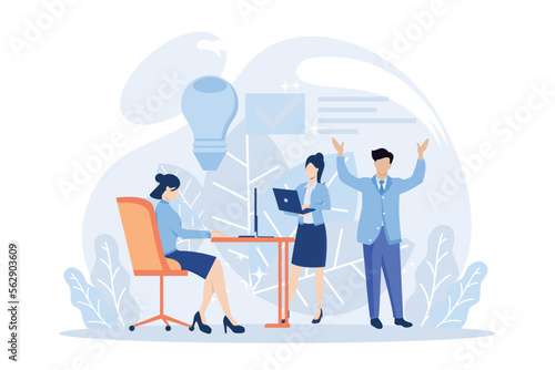 Business people illustration. Diverse characters and persons with disability working together at office. People talking with colleagues and planning financial strategy. Flat vector modern illustration