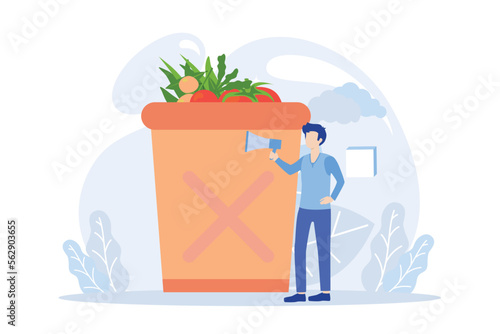 Sustainability illustration. Characters reducing food waste, buying reused clothes, recycling plastic bottles. Reduce, reuse, recycle and zero waste concept. Flat vector illustration 
