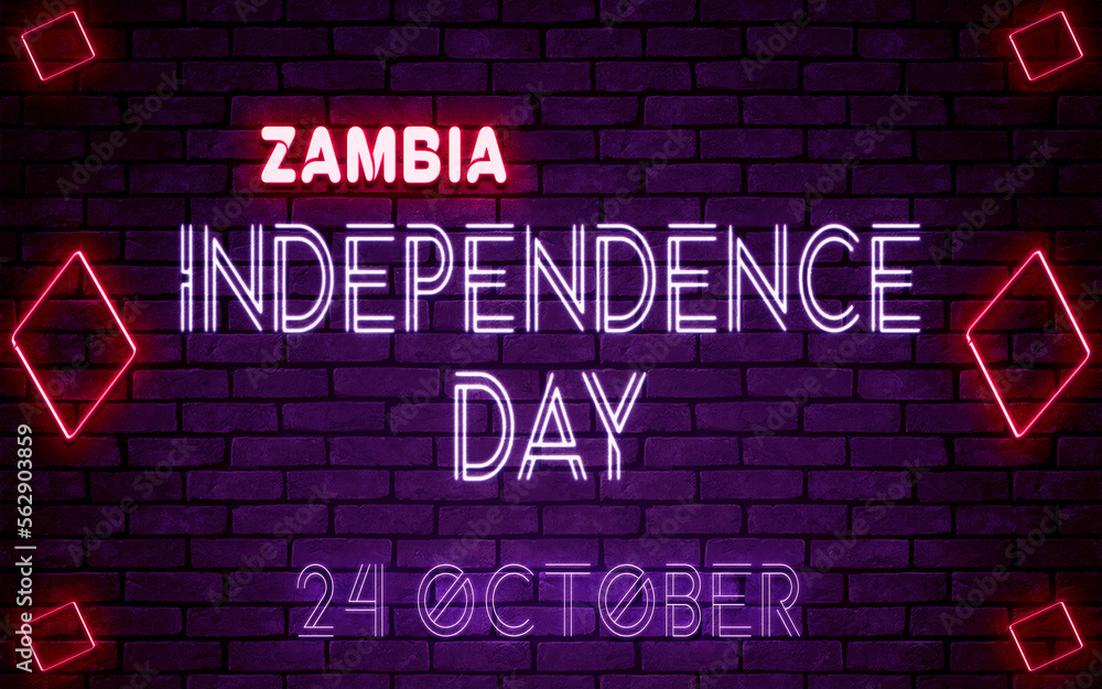 Fototapeta premium Happy Independence Day of Zambia, 24 October. World National Days Neon Text Effect on bricks background