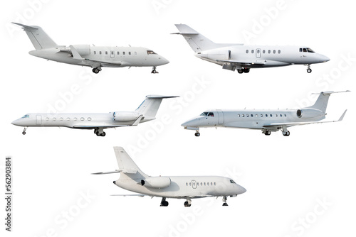 Set of five different white business jets isolated on transparent background