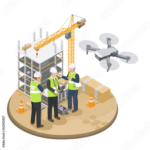 Industrial Construction Site usd Aerial Drone services to  Inspection Inspector Engineer and Technician working isometric isolated illustration vector