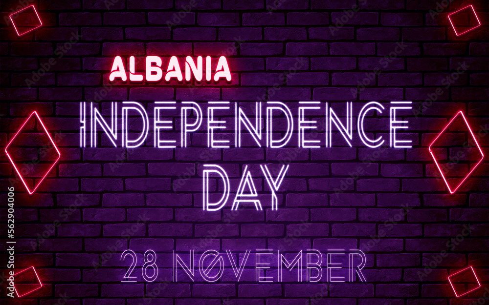 Happy Independence Day of Albania, 28 November. World National Days Neon Text Effect on bricks background