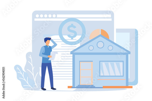 Financial management illustration. Characters paying credit, mortgage, taxes and household invoice bills. Personal finances, loans and debt concept. Flat vector illustration 