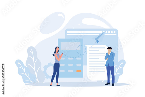 Financial management illustration. Characters paying credit, mortgage, taxes and household invoice bills. Personal finances, loans and debt concept. Flat vector illustration 