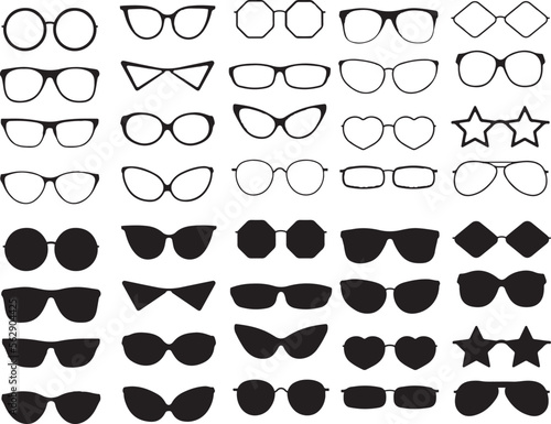 Set of different goggles, Glasses silhouette collection, Sun glasses set. Vector minimal eye silhouettes set