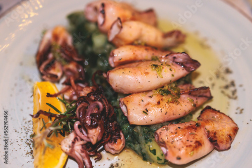 Foto Fried grilled baby squids on a plate with garlic, lemon and mashed potato garnis