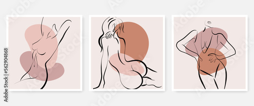 Woman Body Line Art Drawing Prints Set. Female Figure Minimalist Illustration. Modern Trendy Line Art Drawing for Wall Decor, Fashion Minimal Print, Poster, Social Media. Beauty Logo. Vector EPS 10
