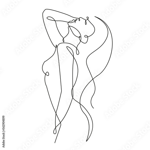 Trendy Line Art Woman Body. Minimalistic Black Lines Drawing. Female Figure Continuous One Line Abstract Drawing. Modern Scandinavian Design. Naked Body Art. Vector Illustration. 