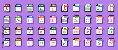 Document file format folder pdf doc xls jpg zip txt png json ppt csv xml ai mp3 mp4 html psd css js avi svg