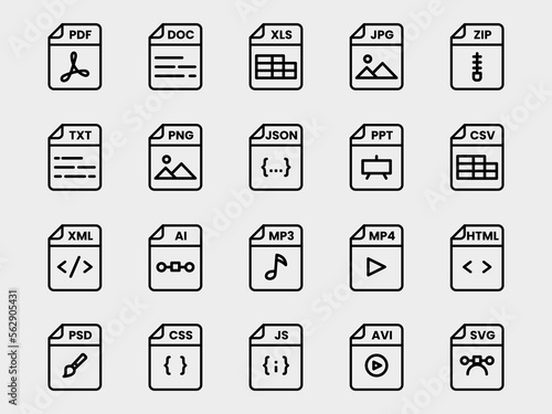 Document file format folder pdf doc xls jpg zip txt png json ppt csv xml ai mp3 mp4 html psd css js avi svg
