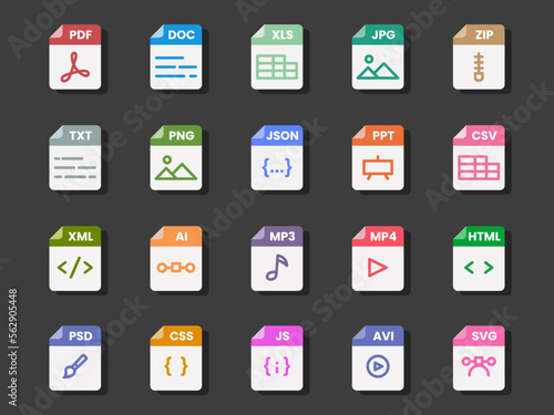 Document file format folder pdf doc xls jpg zip txt png json ppt csv xml ai mp3 mp4 html psd css js avi svg
