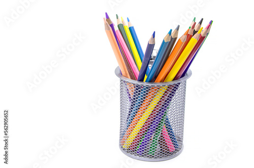 A set of color pencils in a cup isolated on a white background. Copy space. A School stuff.Drawing supplies