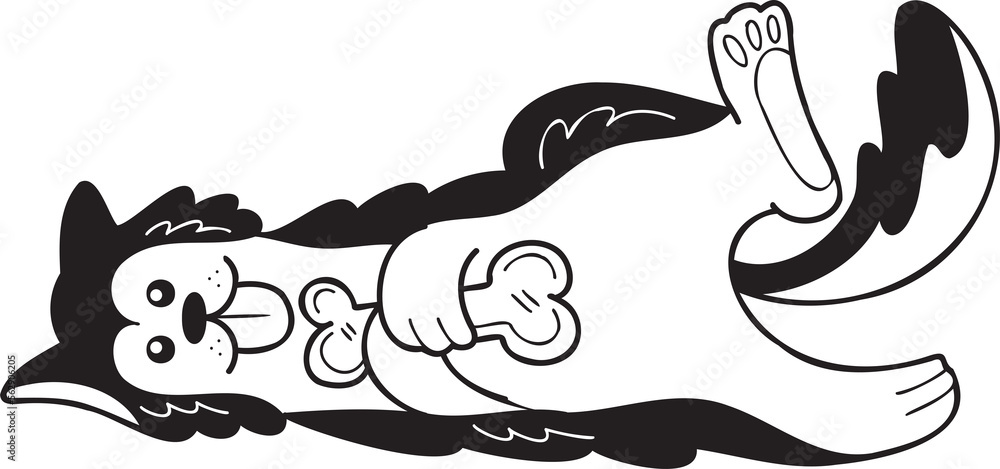 Obraz premium Hand Drawn husky Dog holding the bone illustration in doodle style