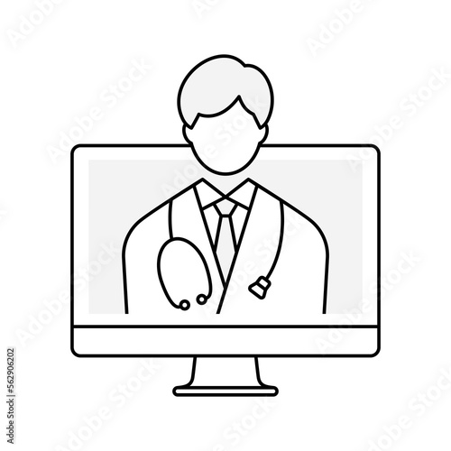 Telemedicine and online healthcare concept. Young male doctor wearing white coat and stethoscope.