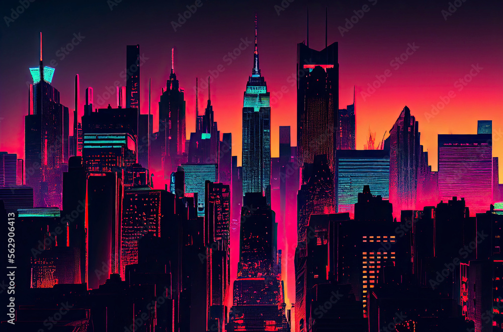 Digital art depicting a neon city. Generative AI.