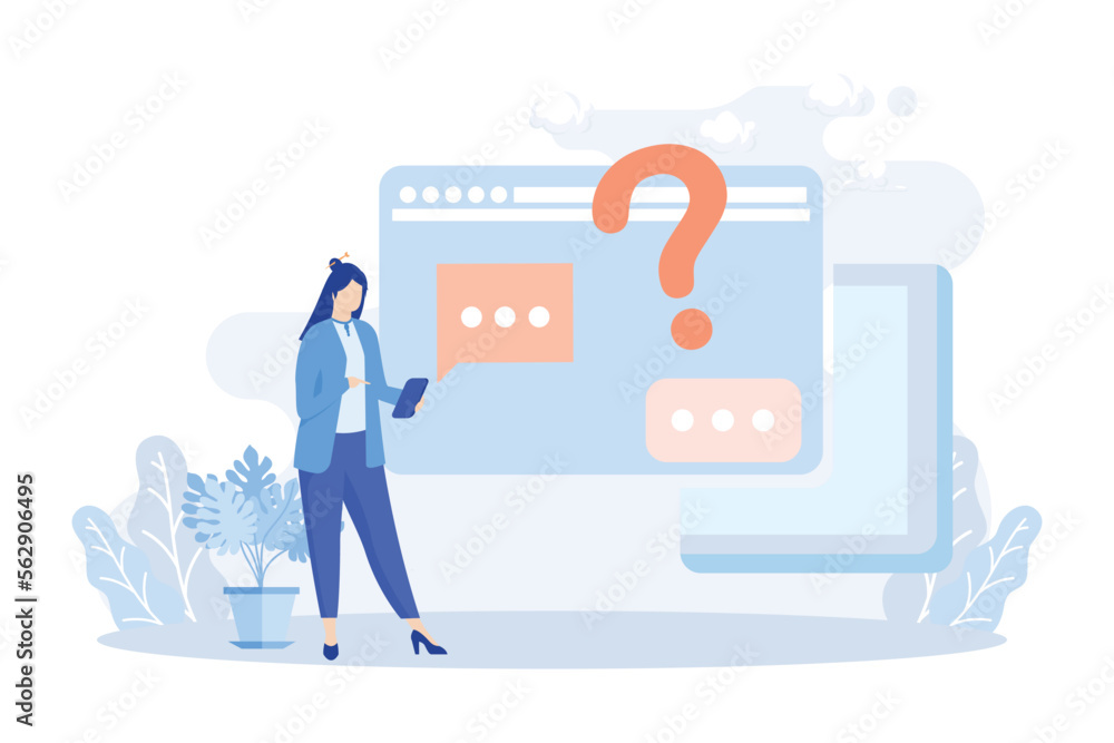 Customer support illustration. Characters using online helpdesk platform. People asking a questions and receiving answers from helpdesk or call center operator. Flat vector modern illustration 
