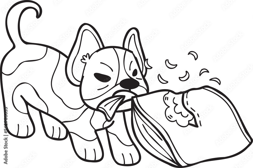 Hand Drawn French bulldog biting pillow illustration in doodle style