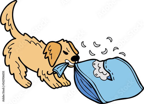 Photos Hand Drawn Golden retriever Dog biting pillow illustration in doodle style