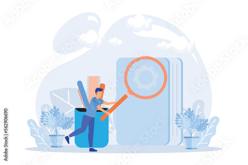 User manual illustration. People characters reading and writing privacy policy and terms and conditions for guide instruction or manual book. Flat vector modern illustration 