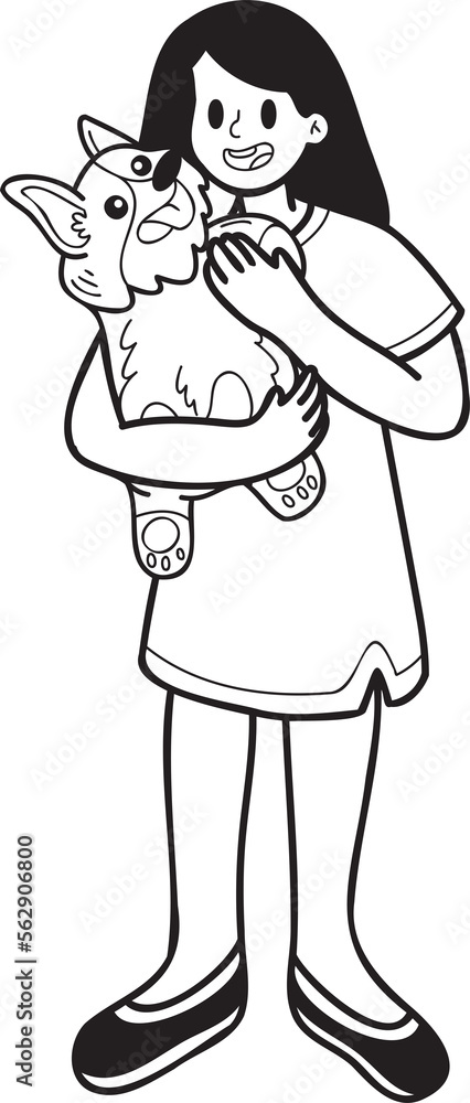 Hand Drawn Corgi Dog hugged by owner illustration in doodle style Hand Drawn Corgi Dog hugged by owner illustration in doodle style