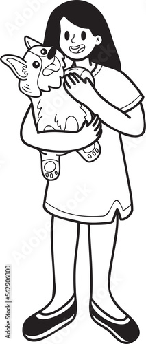 Hand Drawn Corgi Dog hugged by owner illustration in doodle style