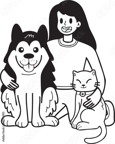 Hand Drawn husky Dog with cat and owner illustration in doodle style