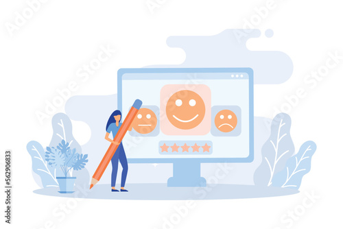 Customer feedback and user experience illustration. Characters giving review to customer service operator, choosing emoji to show satisfaction rating and filling survey form. flat vector illustration 